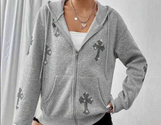 Vogue WOMEN’S Hoodie Rhinestone Cross (grey)