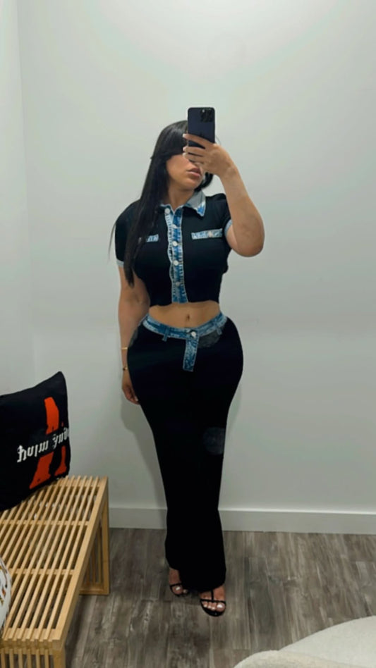 Vogue WOMEN’S Black Knit Denim Leggings Set