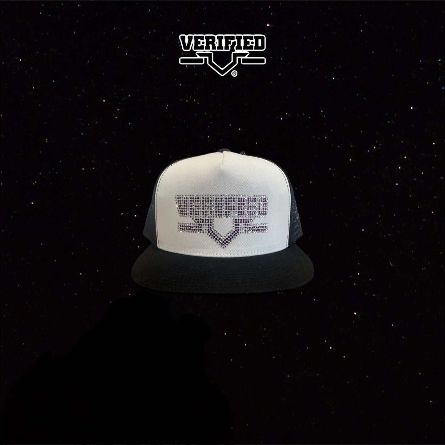VERIFIED BLACK WHITE PURPLE RHINESTONE HAT