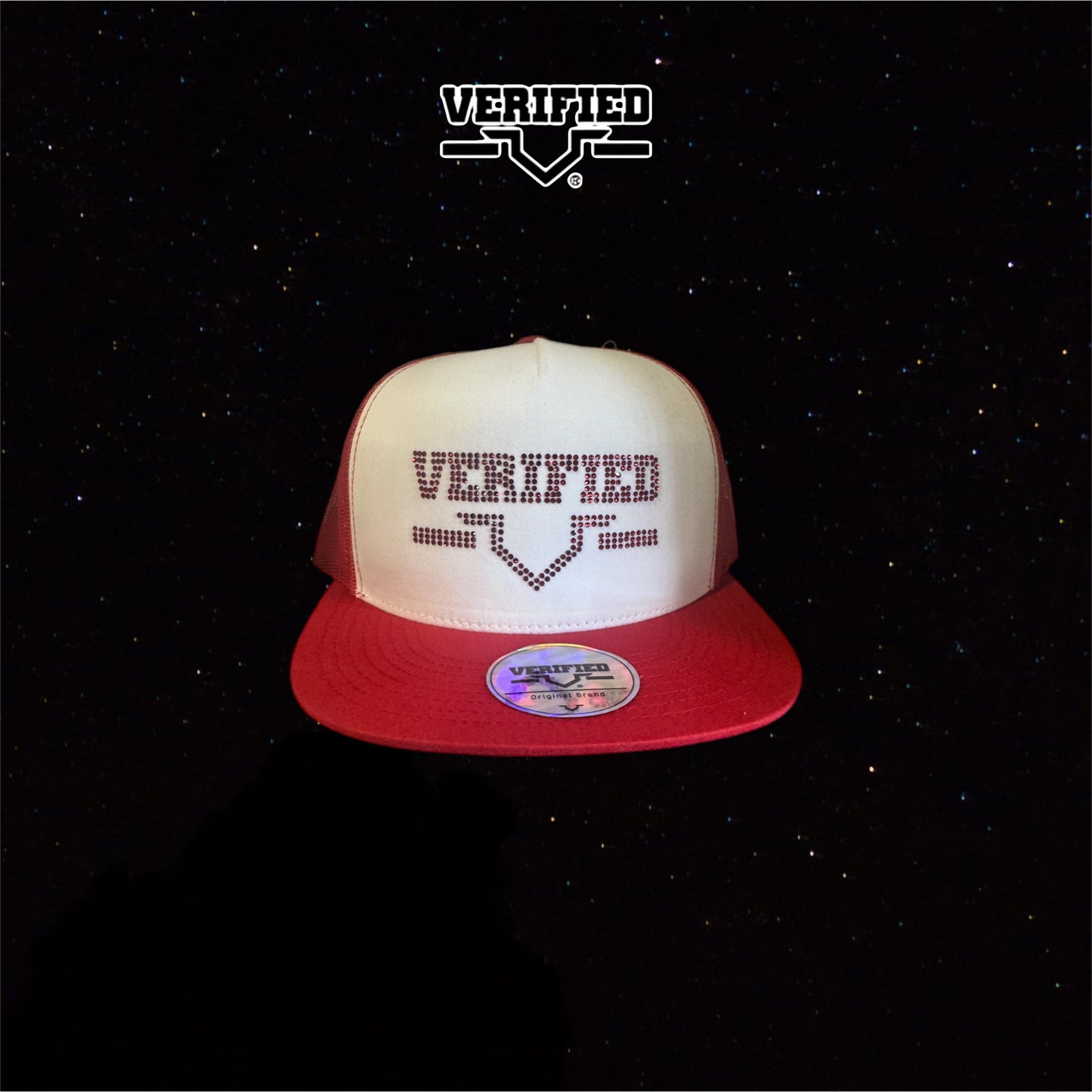 VERIFIED RED AND WHITE RHINESTONE HAT