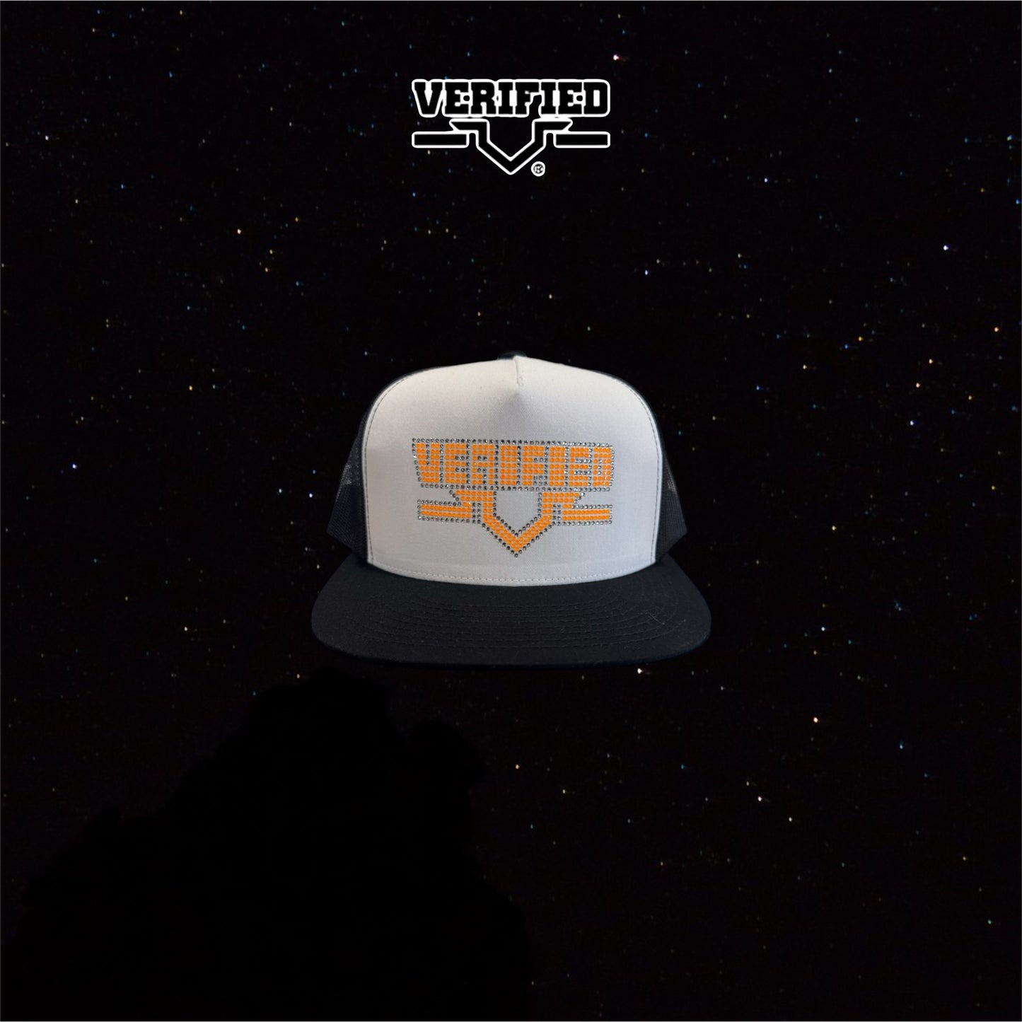 VERIFIED BLACK WHITE AND ORANGE RHINESTONE HAT