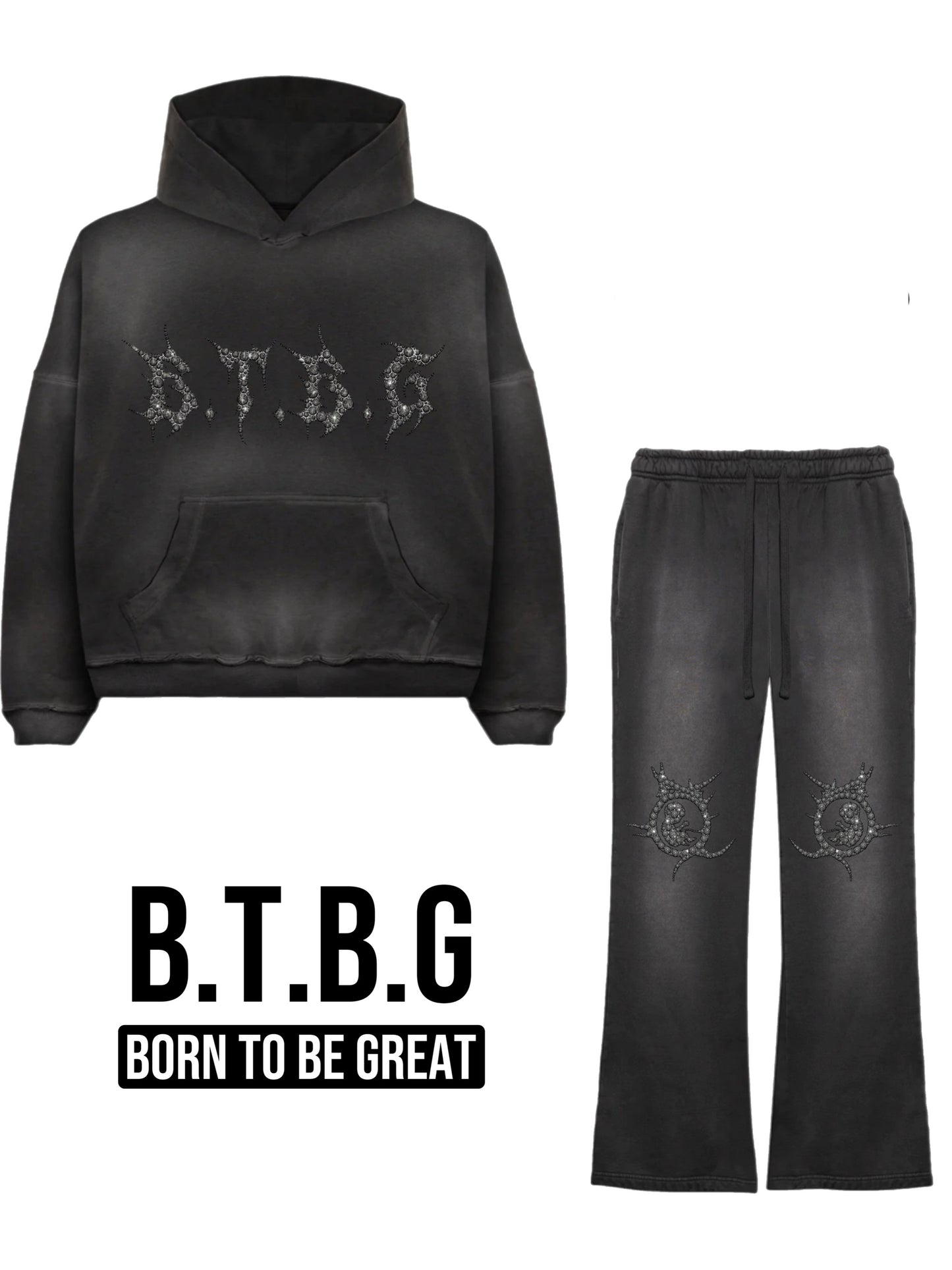 BTBG23 WASHED GREY SWEATSUIT W/ BLACK STONES