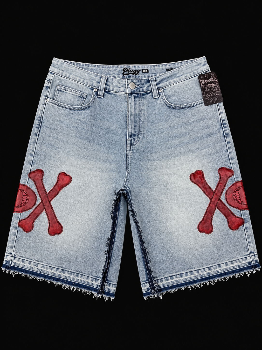 Dead Lonely Blue Denim Shorts (Red Skull)