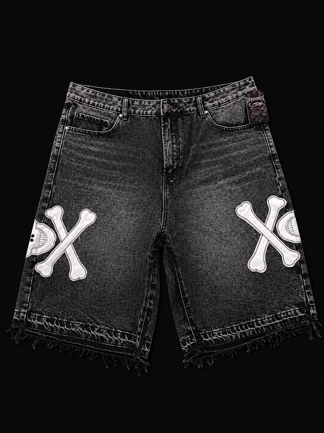 Dead Lonely Black Washed Denim Shorts (White Skull)