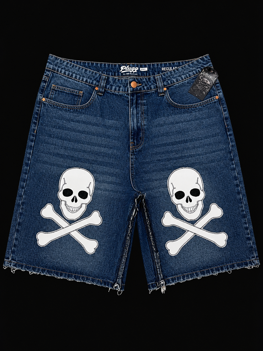Dead Lonely Navy Denim Shorts (White Skull)
