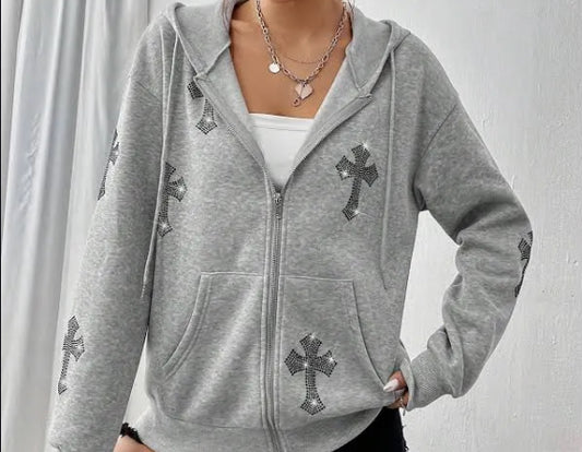 Hoodie Rhinestone Cross (grey)