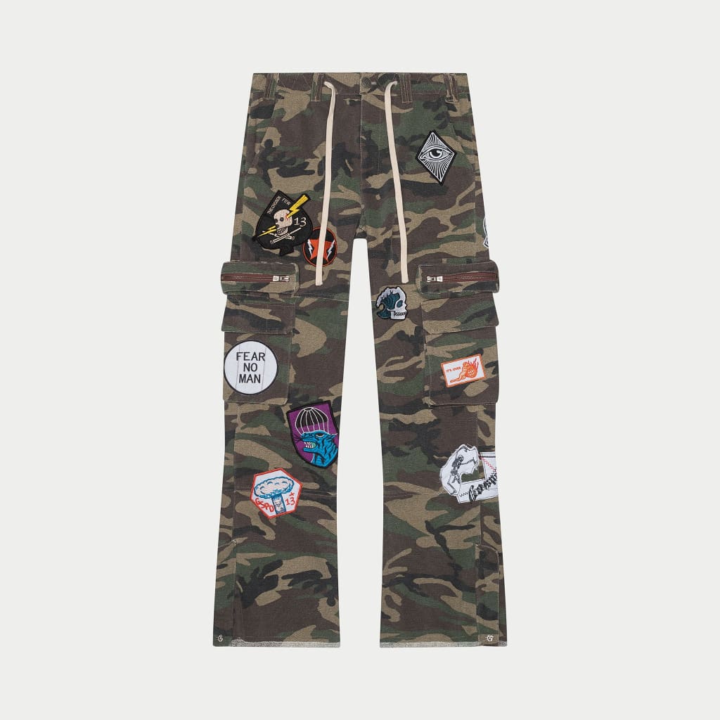 GODSPEED Patchwork Flared Cargo Pants (Camo)