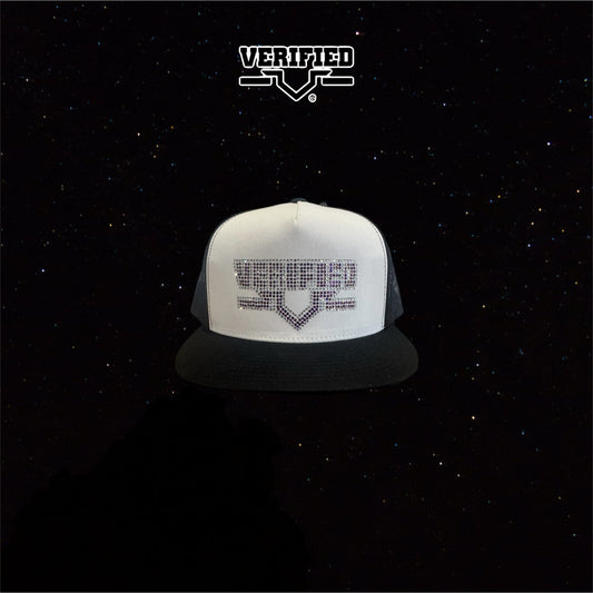 VERIFIED BLACK WHITE PURPLE RHINESTONE HAT