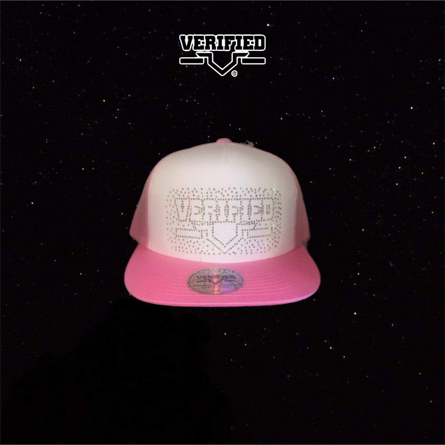 VERIFIED PINK AND WHITE RHINESTONE HAT