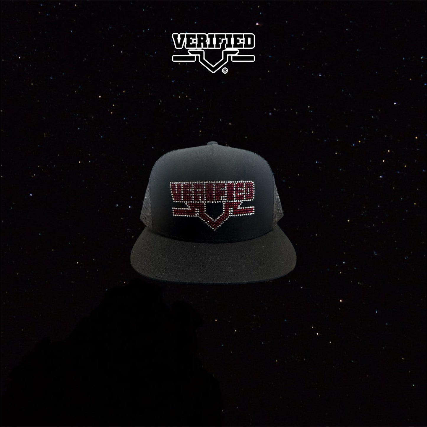 VERIFIED BLACK AND RED RHINESTONE HAT