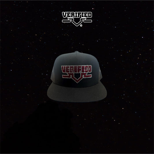 VERIFIED BLACK AND RED RHINESTONE HAT