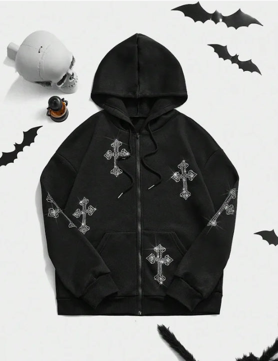 Hoodie Rhinestone Cross (black)