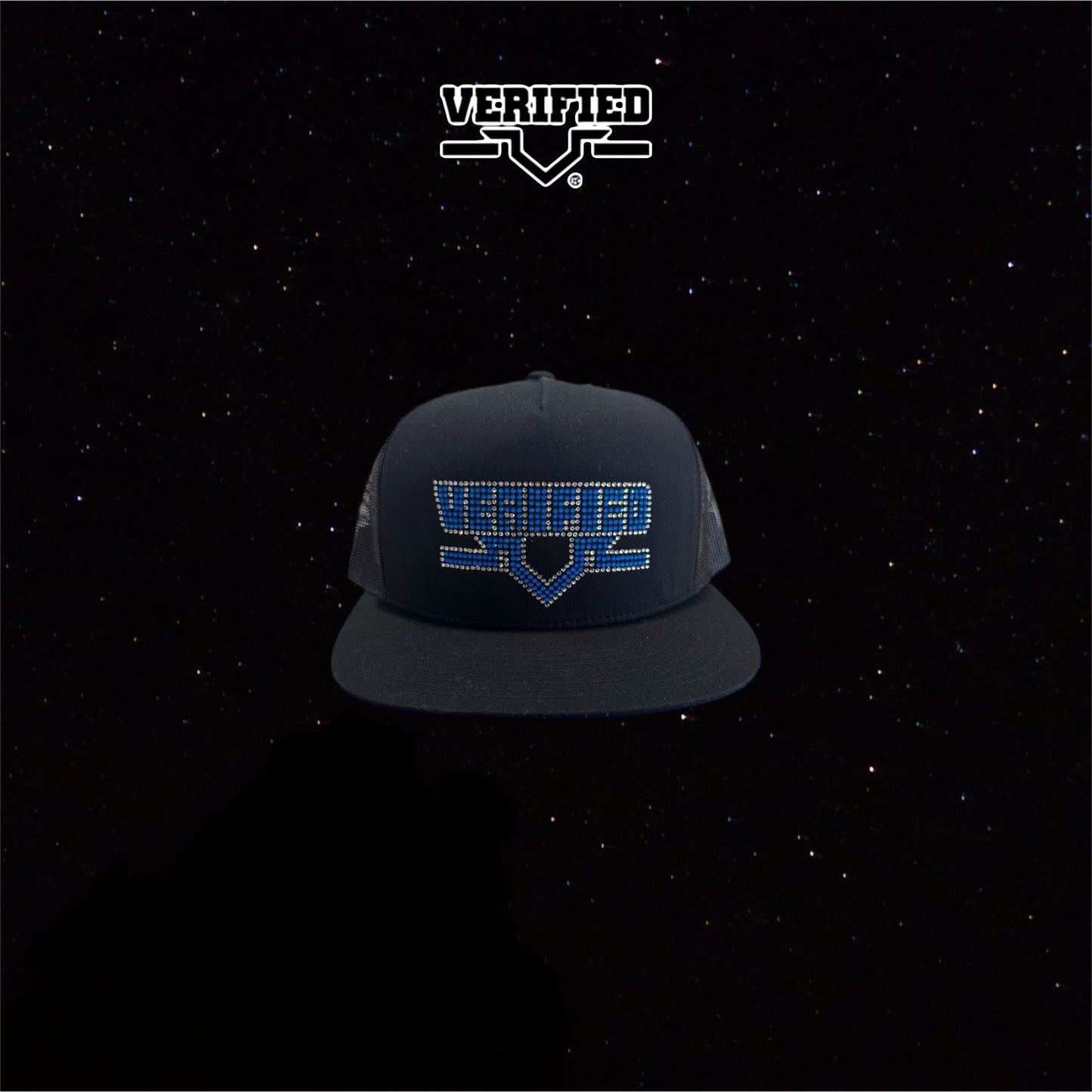 VERIFIED BLACK AND BLUE RHINESTONE HAT