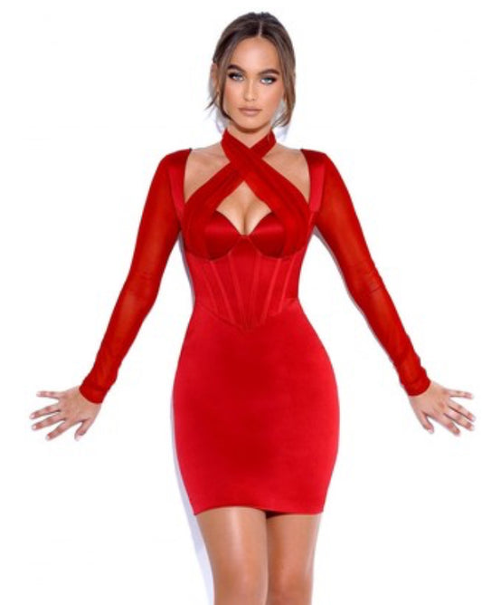 RED MESH LOMG SLEEVES CORSET DRESS