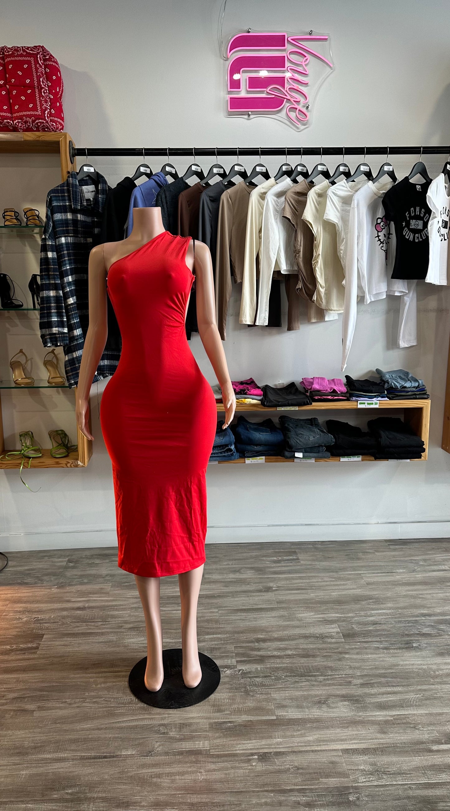 Women’s Red Off Shoulder Open Back Dress