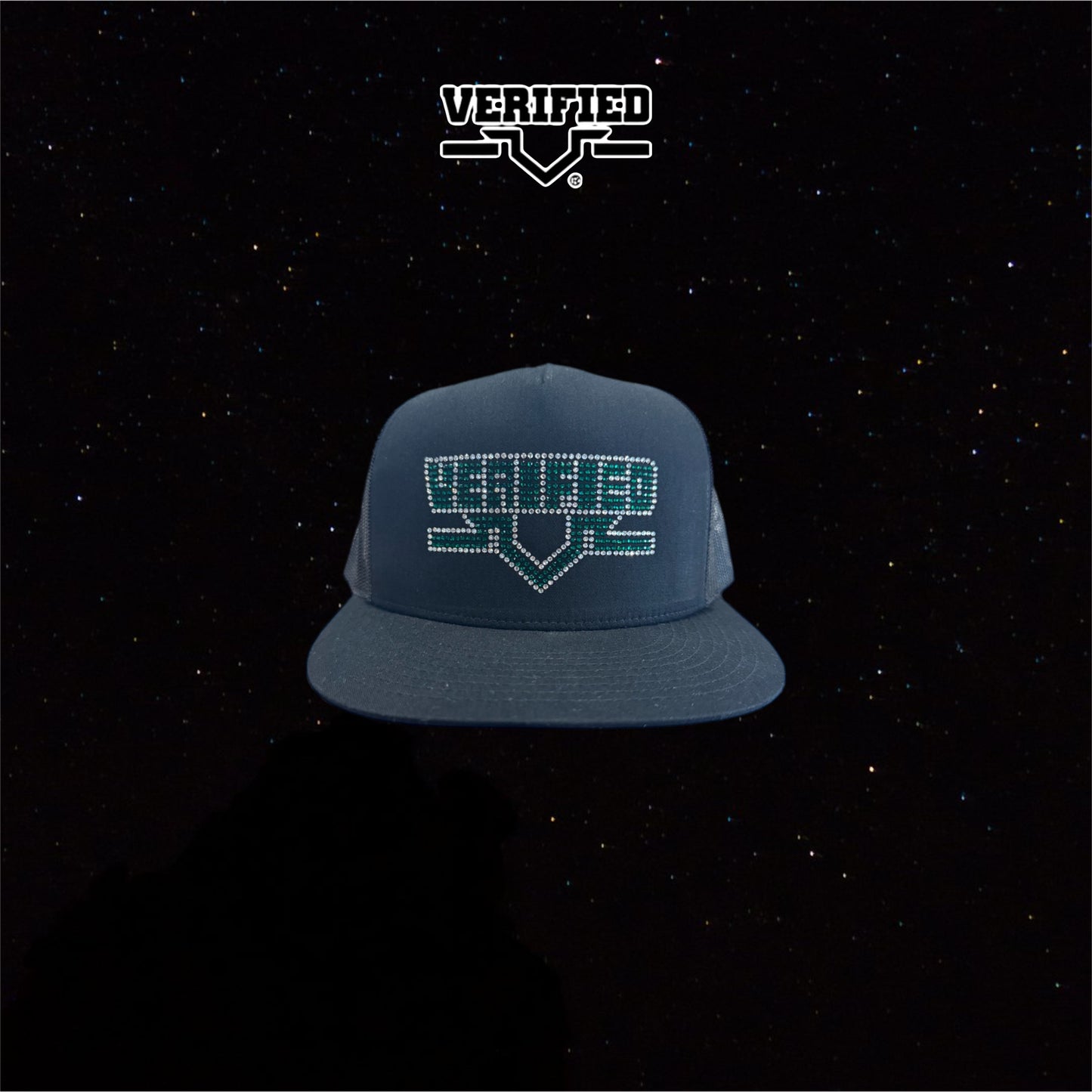VERIFIED BLACK AND GREEN RHINESTONE HAT