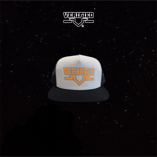 VERIFIED BLACK WHITE AND ORANGE RHINESTONE HAT