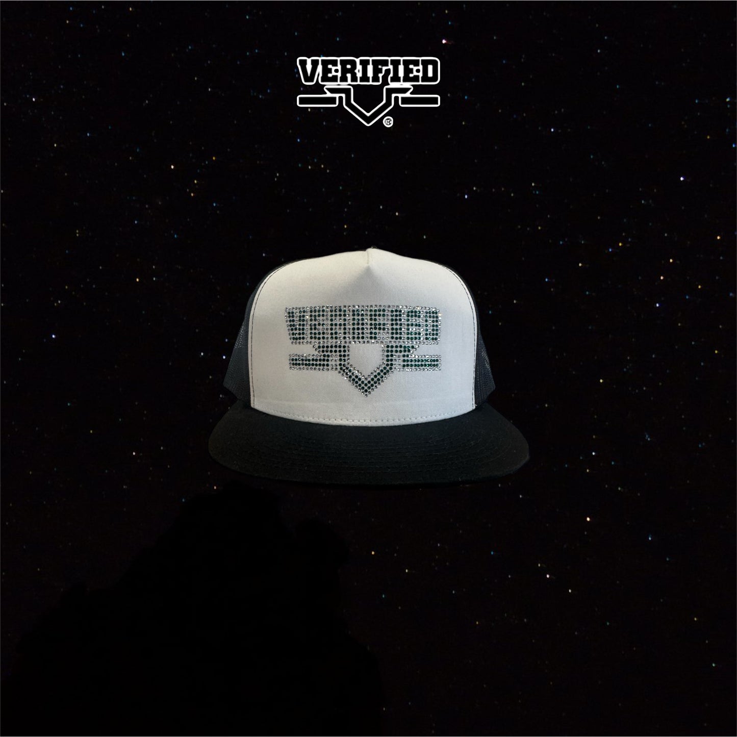 VERIFIED BLACK WHITE AND GREEN RHINESTONE HAT