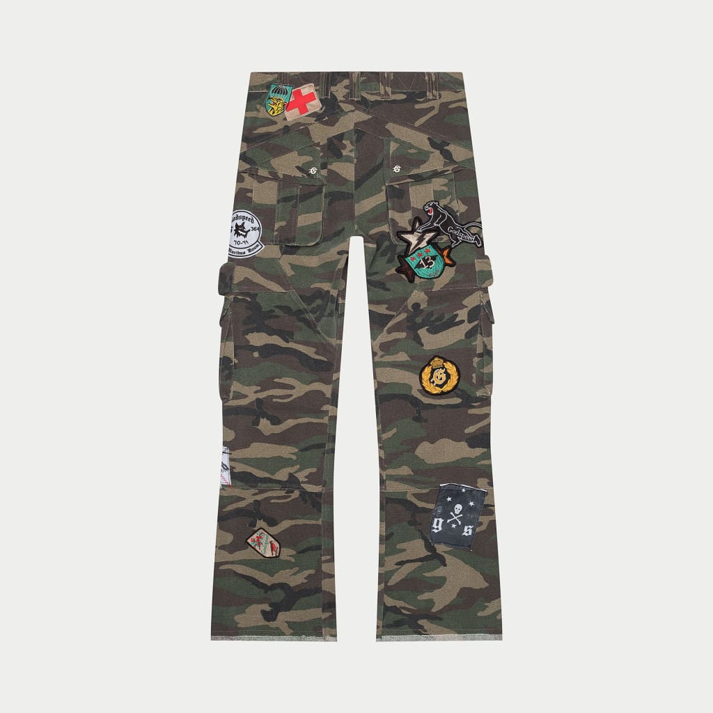 GODSPEED Patchwork Flared Cargo Pants (Camo)