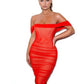 RED OFF SHOULDER MESH CORSET DRESS