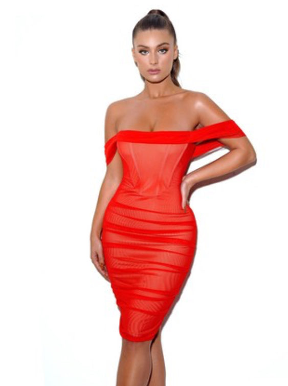 RED OFF SHOULDER MESH CORSET DRESS