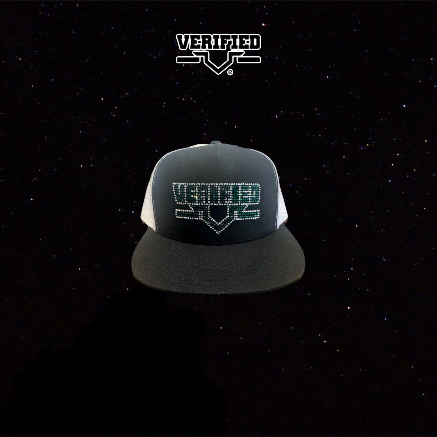 VERIFIED WHITE BLACK AND GREEN RHINESTONE HAT