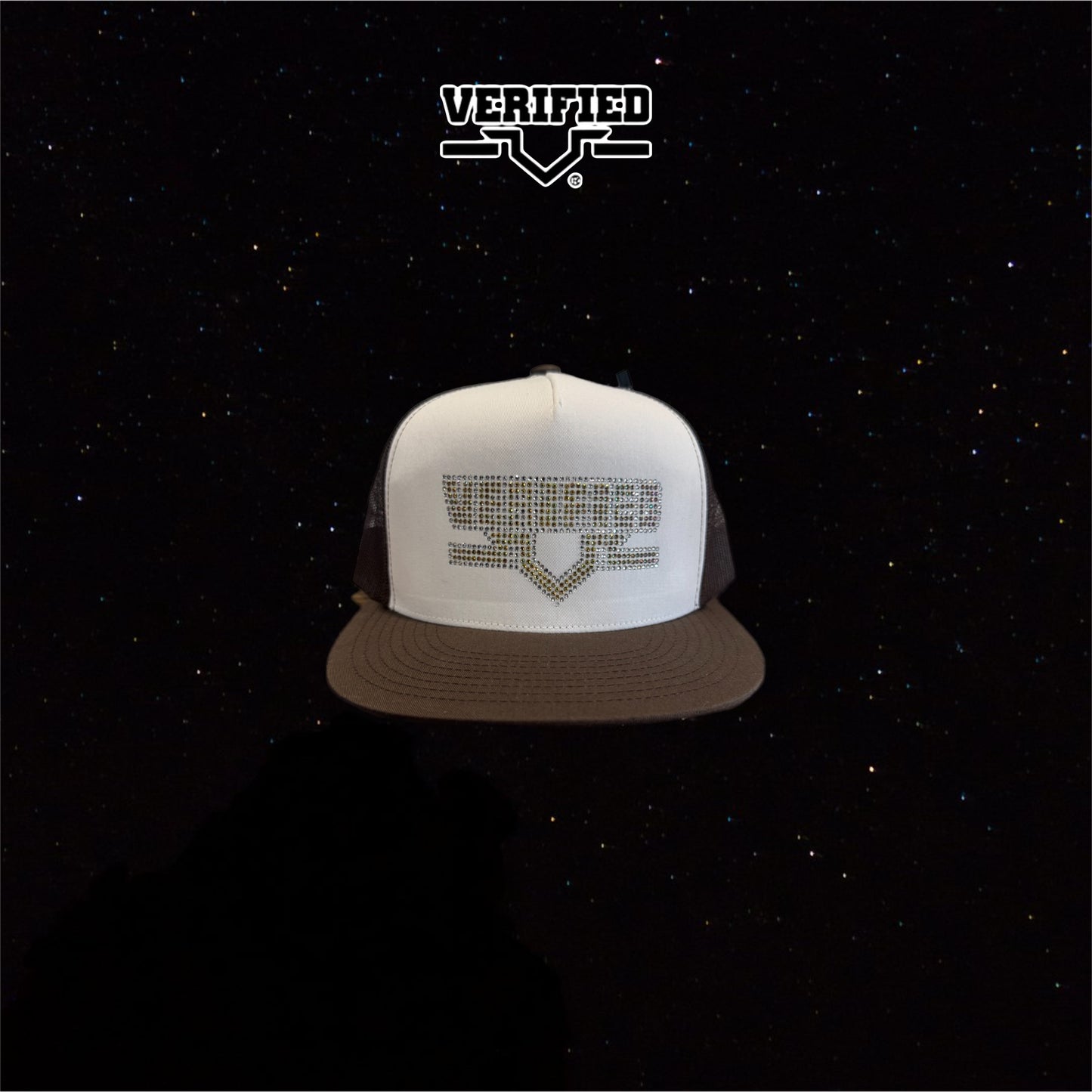 VERIFIED WHITE BROWN RHINESTONE HAT
