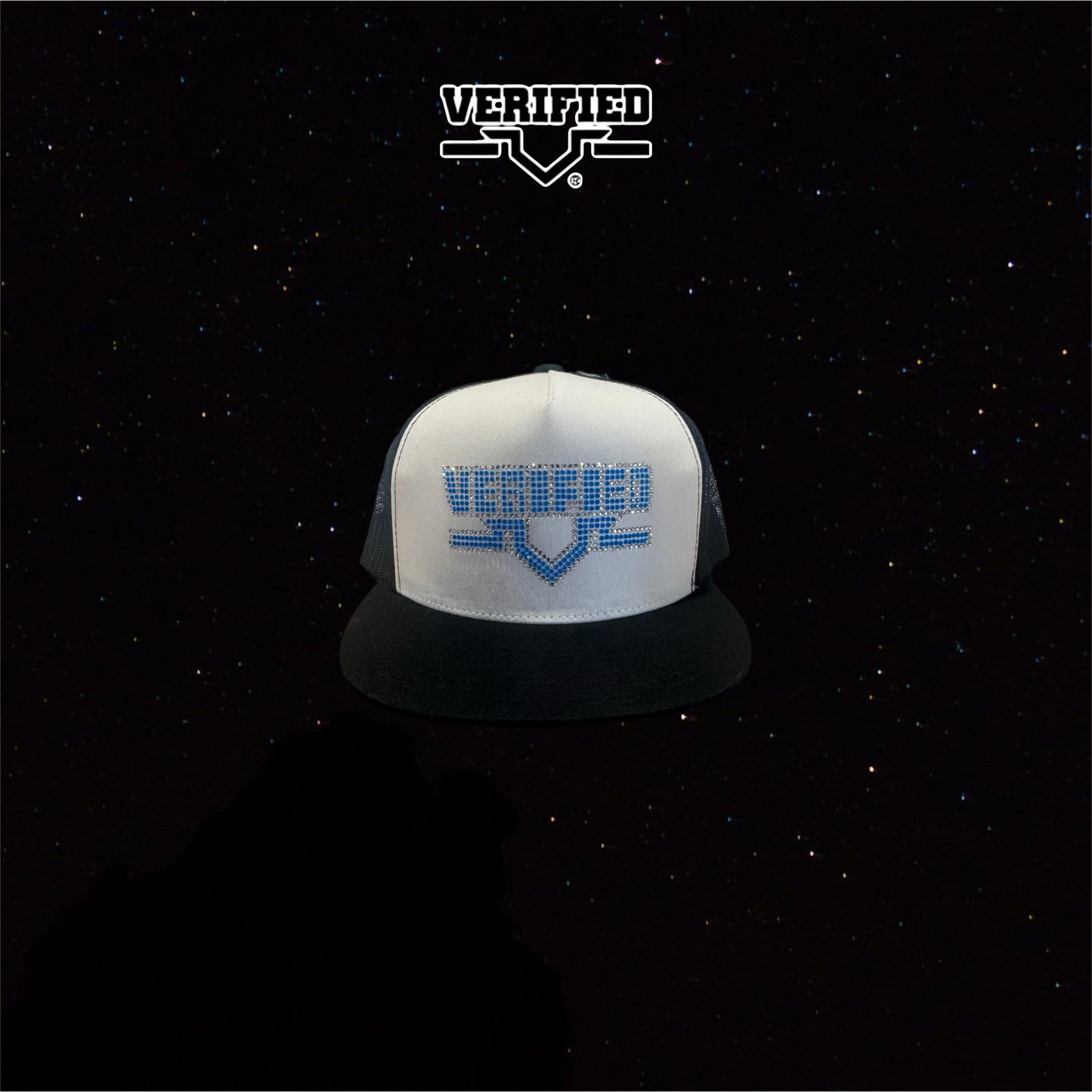 VERIFIED BLACK WHITE AND BLUE RHINESTONE HAT