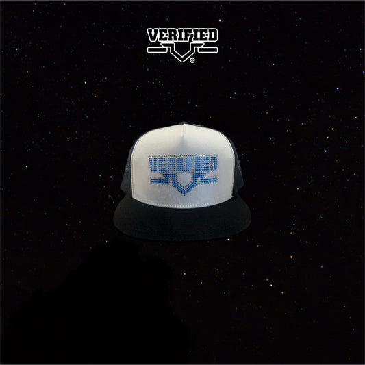 VERIFIED BLACK WHITE AND BLUE RHINESTONE HAT
