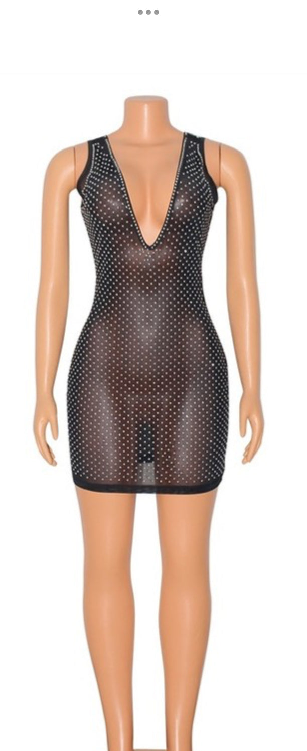 V NECK RHINESTONE MESH SHEER MINI DRESS