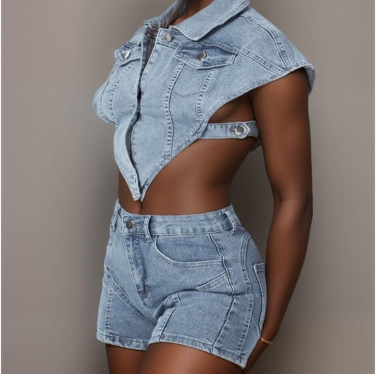 DENIM CROP TOP AND SHORTS SET