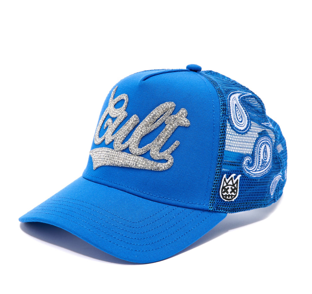 CULT PAISLEY SHIMUCHAN LOGO TRUCKER HAT ROYAL BLUE