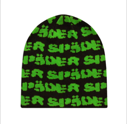 SP5DER BEANIE BLACK FUZZY LOGO SKULLY