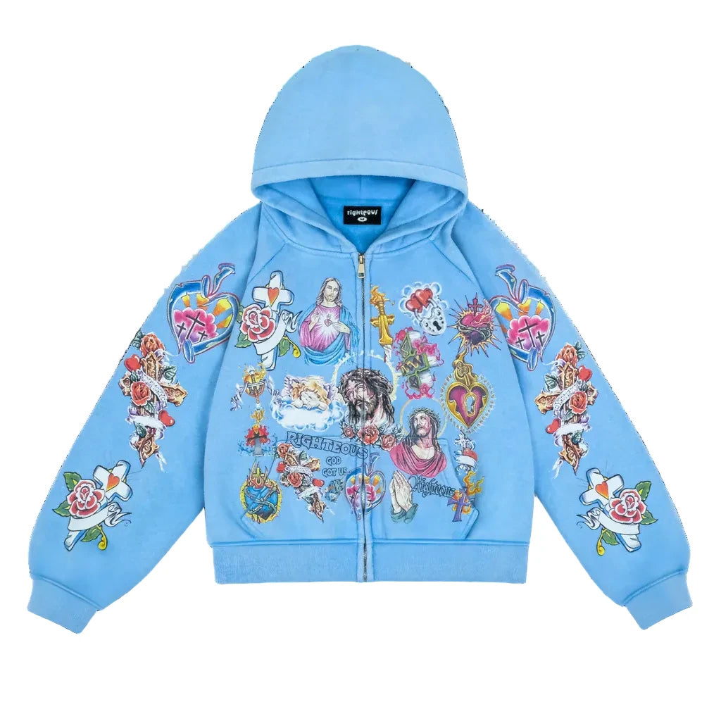 WE ARE RIGHTEOUS Risen King Cropped Zip (Blue)