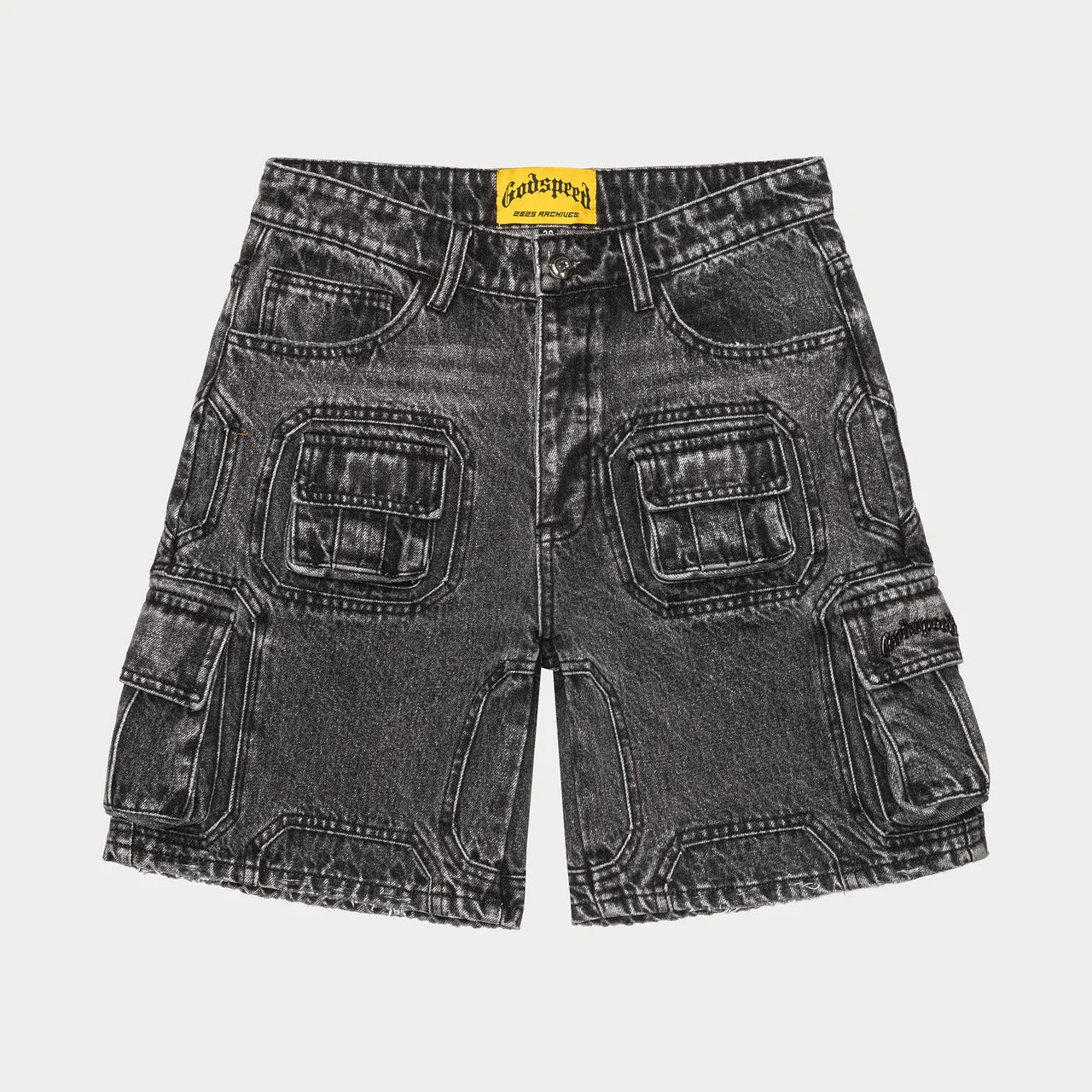 GODSPEED NYC OCTAGON CARGO DENIM SHORTS (GREY WASH)