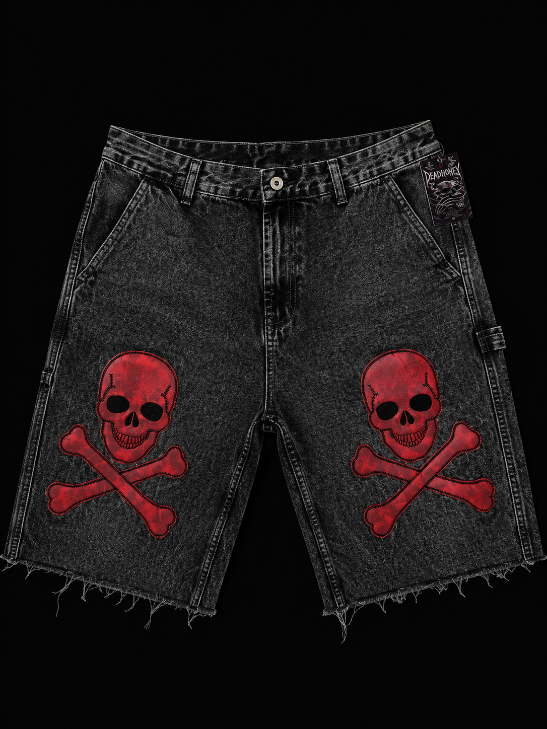 Dead Lonely Washed Black Shorts (Red Skull)