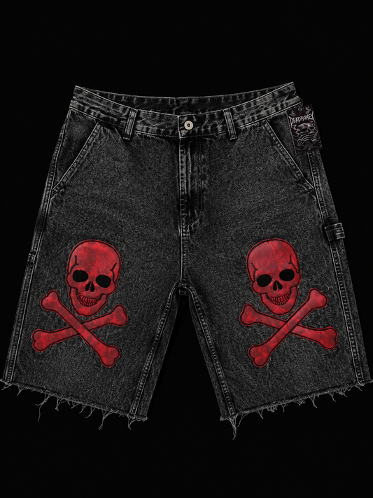 Dead Lonely Washed Black Denim Shorts (Red Skull)