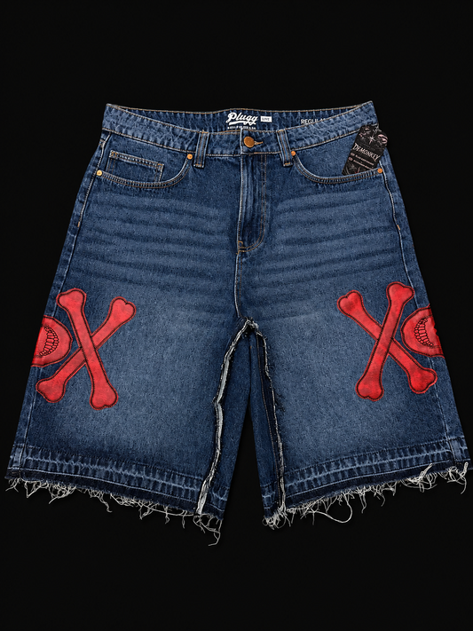 Dead Lonely Dark Blue Denim Shorts (Red Skull)