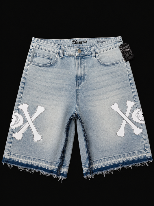Dead Lonely Blue Denim Shorts (White Skull)