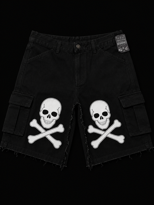 Dead Lonely Jet Black Denim Shorts (White Skull)