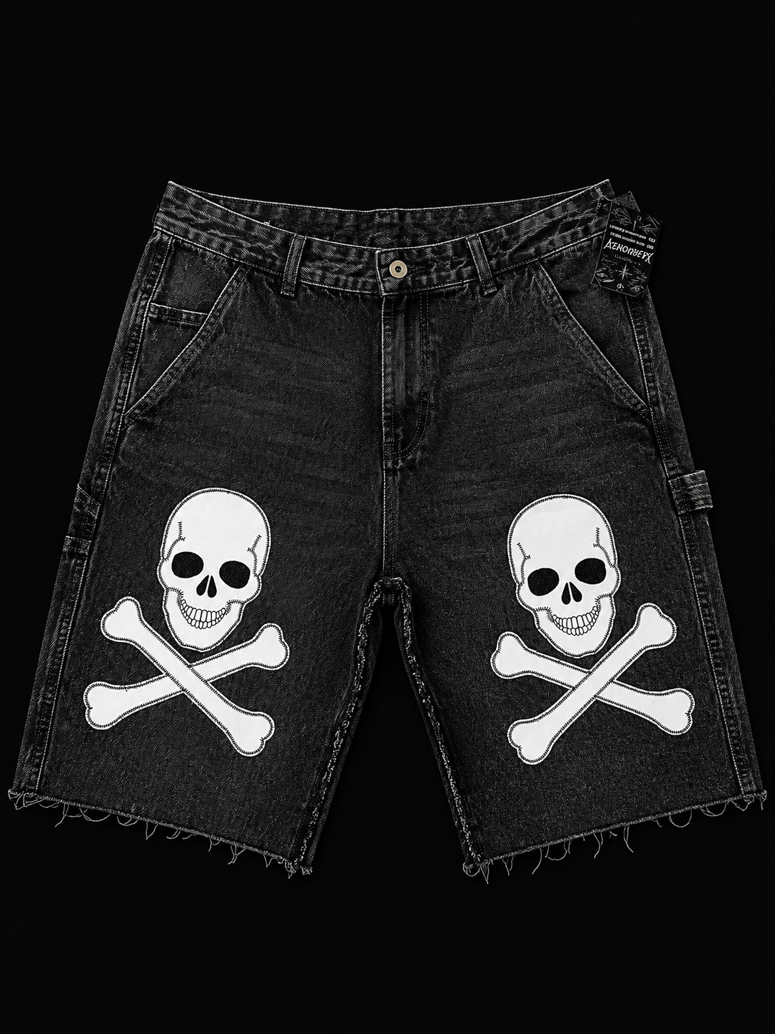 Dead Lonely Black Washed Denim Shorts (White Skull)