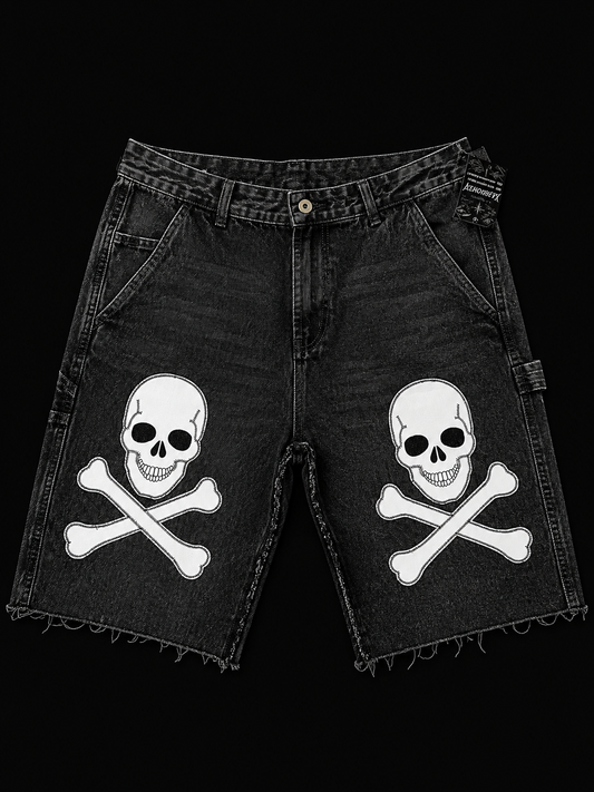 Dead Lonely Black Washed Denim Shorts (White Skull)