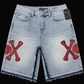 Dead Lonely Blue Denim Shorts (Red Skull)