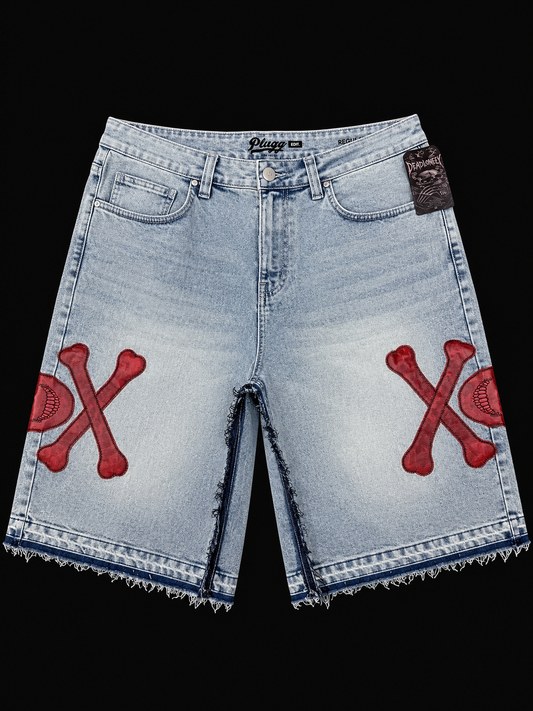 Dead Lonely Blue Denim Shorts (Red Skull)