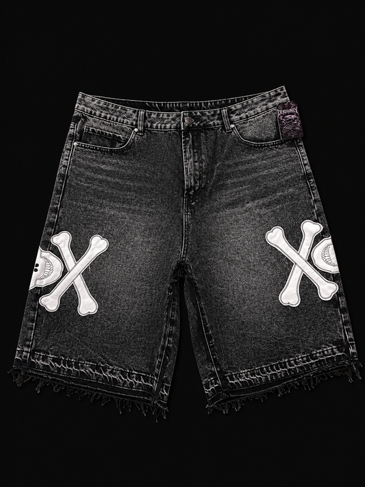 Dead Lonely Black Washed Denim Shorts (White Skull)