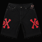 Dead Lonely Jet Black Denim Shorts (Red Skull)