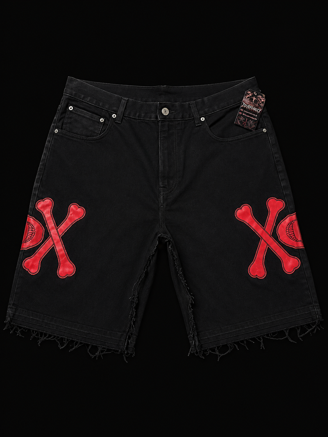 Dead Lonely Jet Black Denim Shorts (Red Skull)