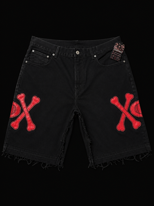 Dead Lonely Jet Black Denim Shorts (Red Skull)