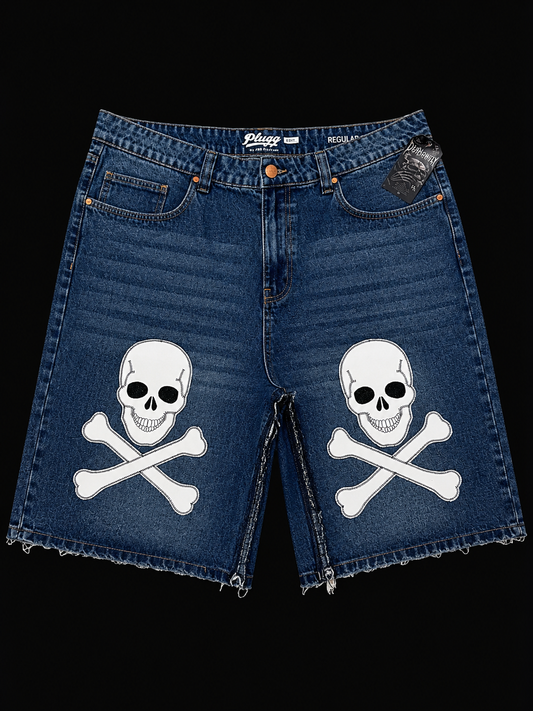Dead Lonely Navy Denim Shorts (White Skull)