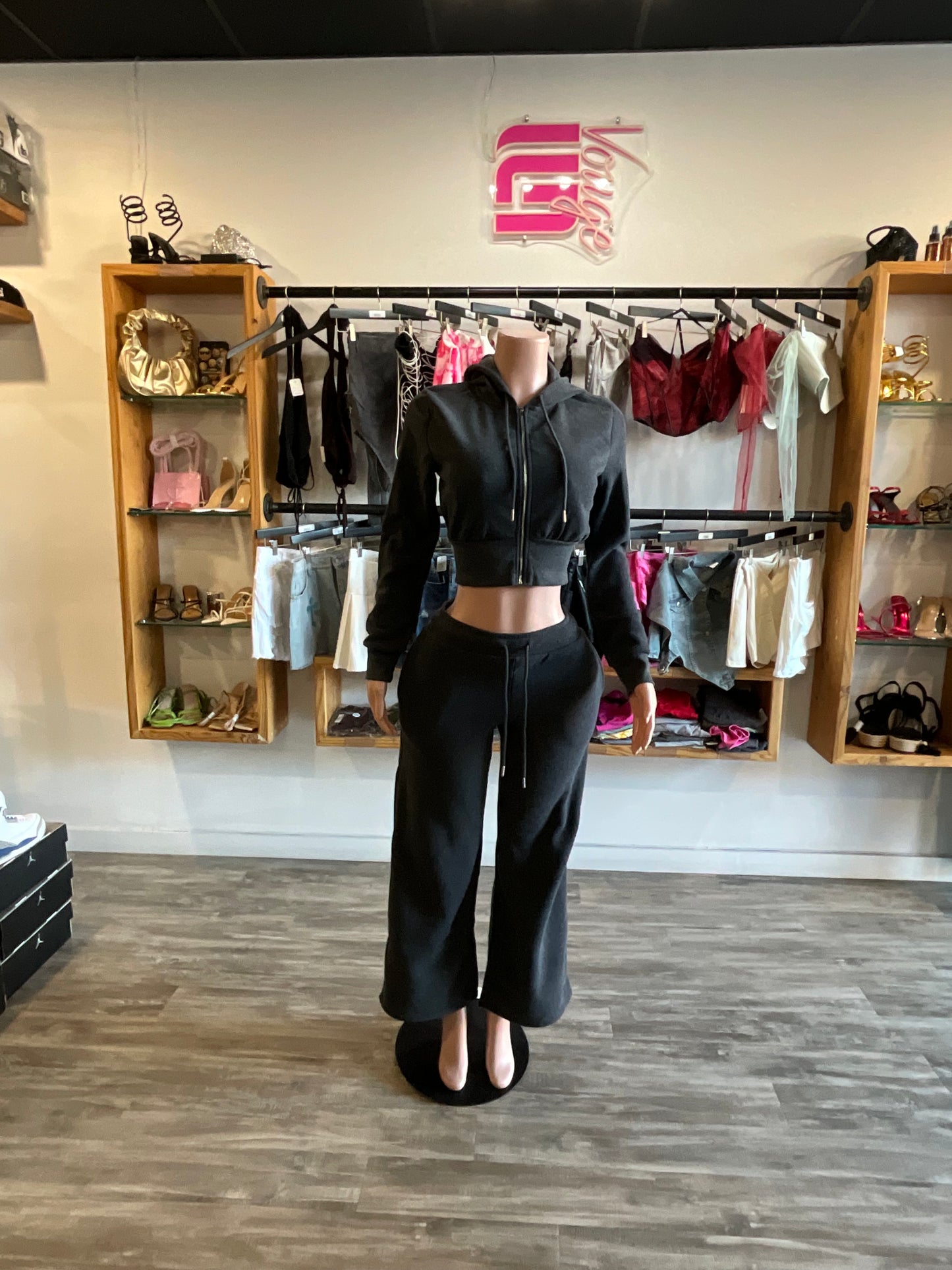 Vogue Fleece Zip Up Pant Set - Charcoal